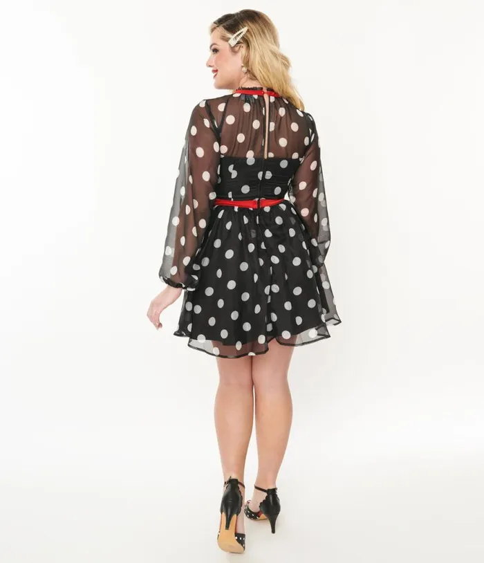 Black and White Polka Dot Flocked Tulle Dress Dresses Unique Vintage Fit and Flare
