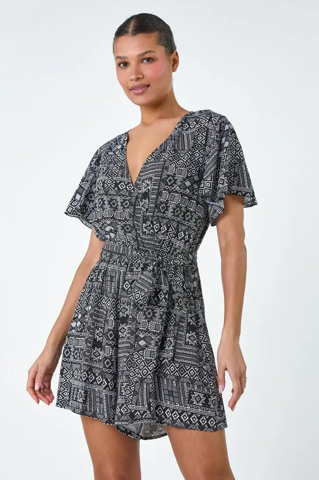 Black Aztec Print Wrap Playsuit Women Roman Dresses