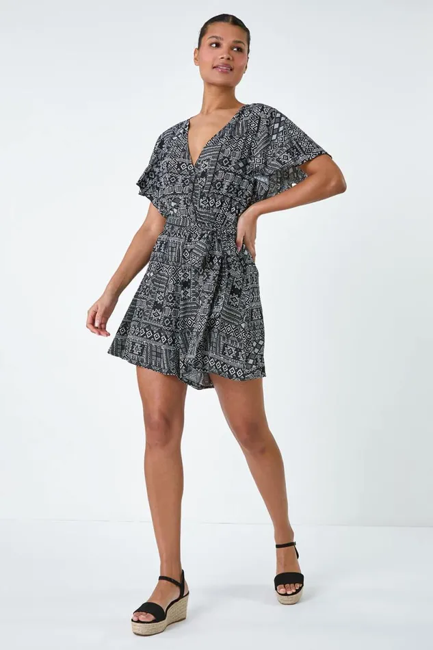 Black Aztec Print Wrap Playsuit Women Roman Dresses