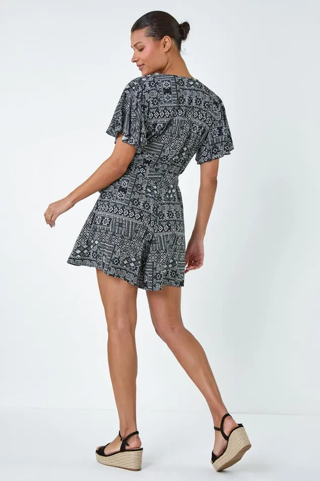 Black Aztec Print Wrap Playsuit Women Roman Dresses