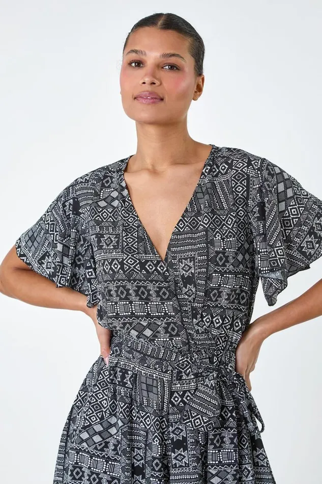 Black Aztec Print Wrap Playsuit Women Roman Dresses