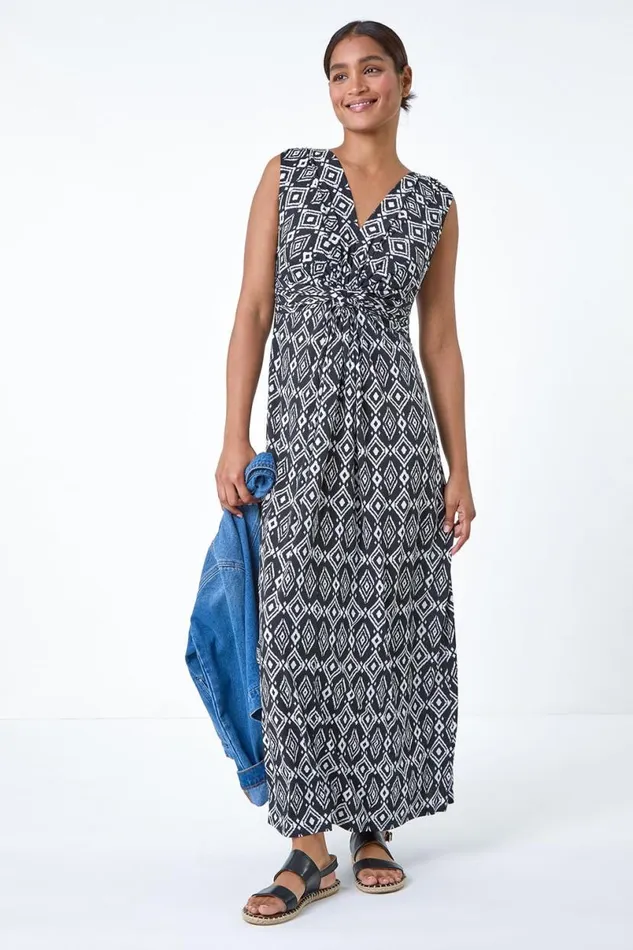 Black Aztec Puff Print Twist Stretch Maxi Dress Women Roman Dresses