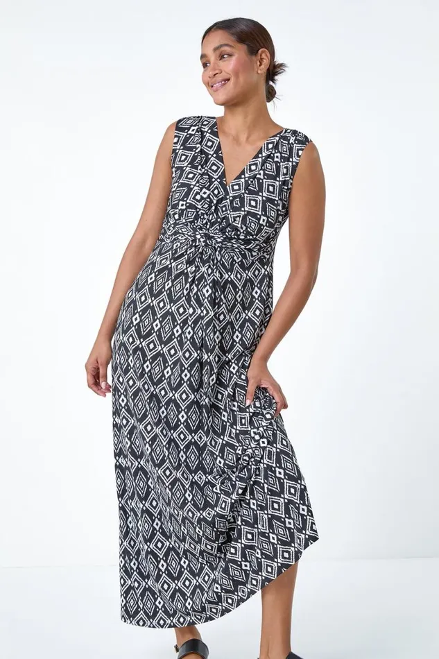 Black Aztec Puff Print Twist Stretch Maxi Dress Women Roman Dresses