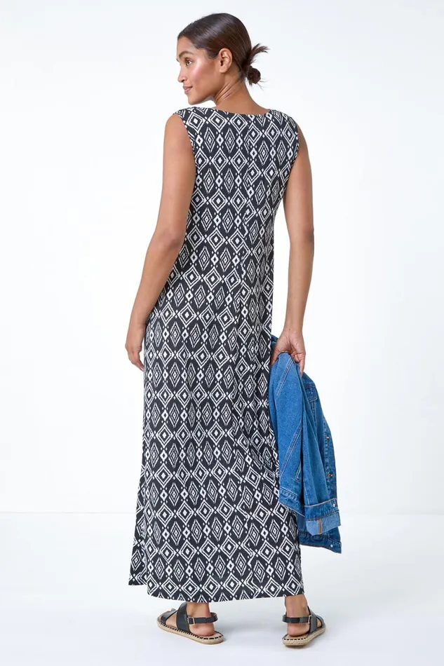 Black Aztec Puff Print Twist Stretch Maxi Dress Women Roman Dresses