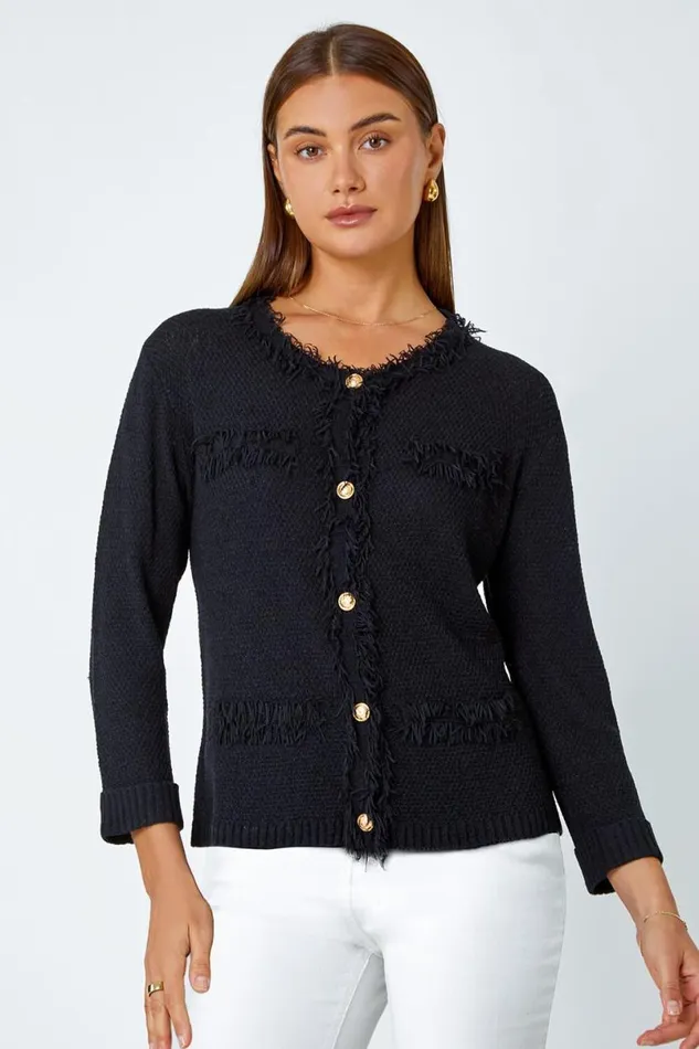 Black Button Detail Fringe Knit Jacket Women Roman Jackets