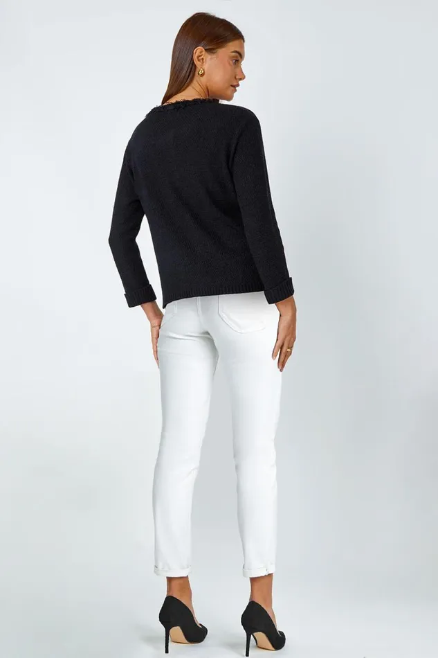 Black Button Detail Fringe Knit Jacket Women Roman Jackets