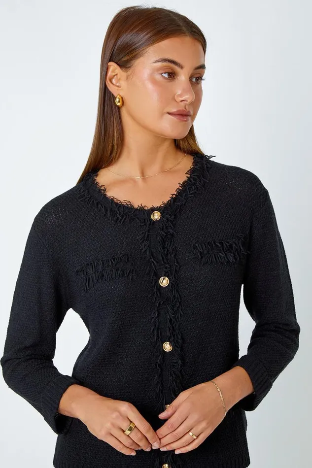 Black Button Detail Fringe Knit Jacket Women Roman Jackets