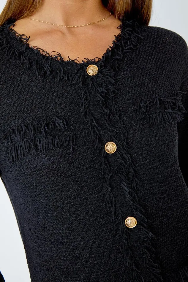 Black Button Detail Fringe Knit Jacket Women Roman Jackets