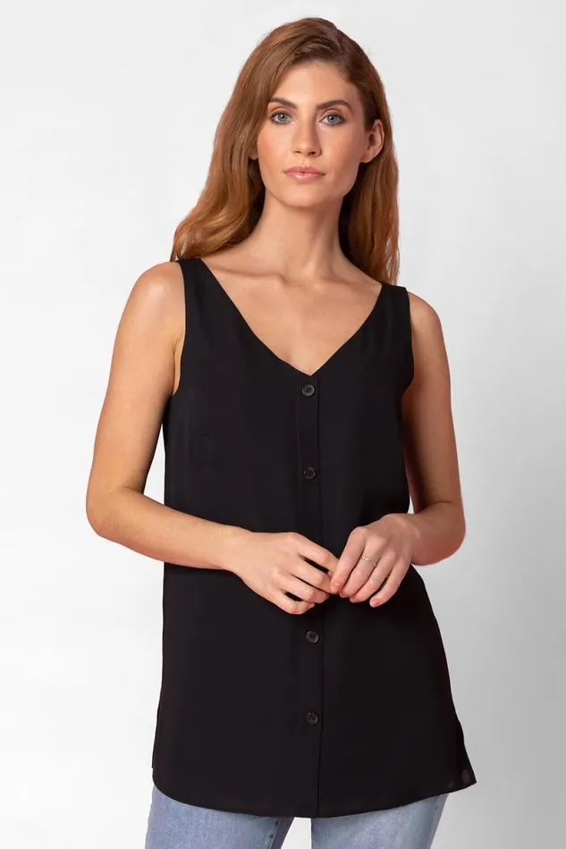 Black Button Front Sleeveless Top Women Roman Tops