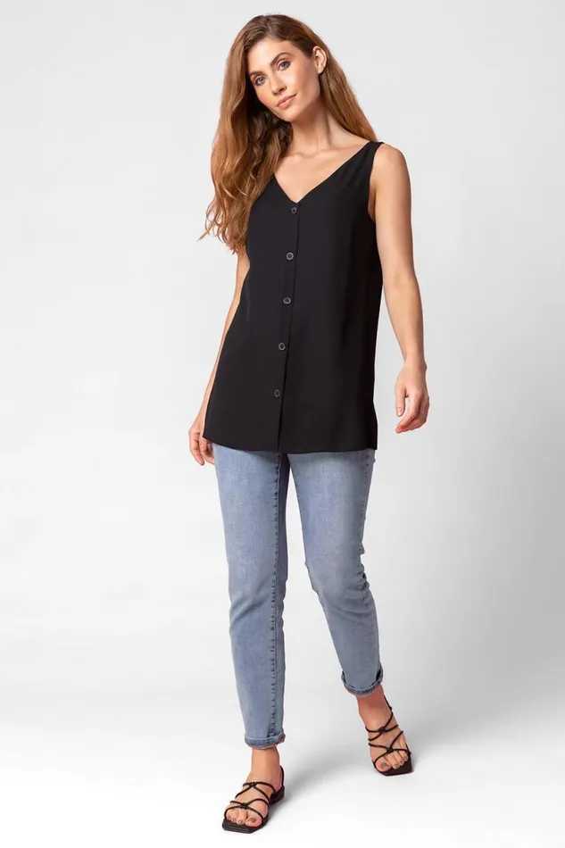 Black Button Front Sleeveless Top Women Roman Tops