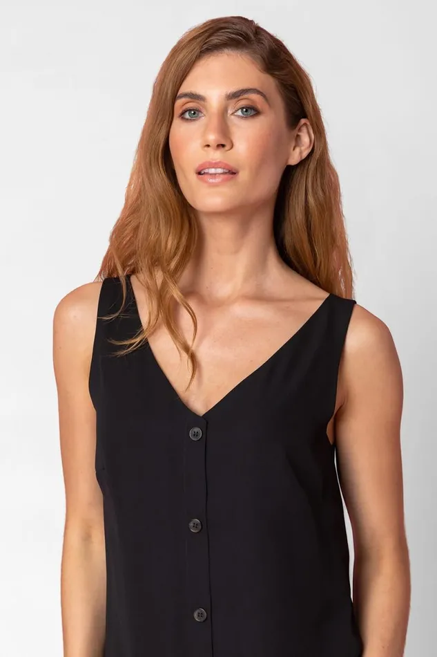 Black Button Front Sleeveless Top Women Roman Tops
