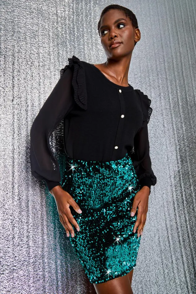 Black Chiffon Sleeve Frill Detail Jumper Women Roman Occasionwear