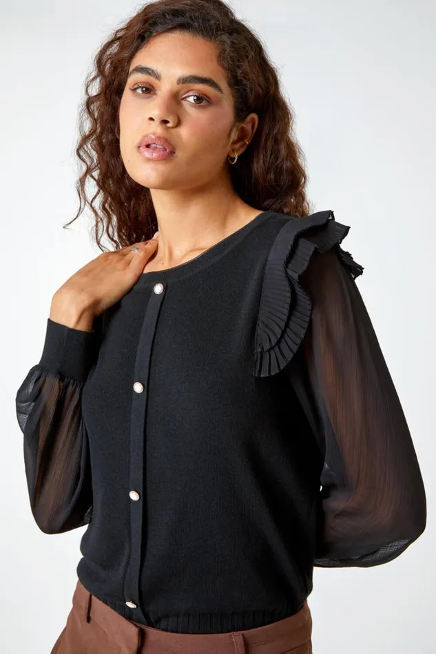 Black Chiffon Sleeve Frill Detail Jumper Women Roman Occasionwear