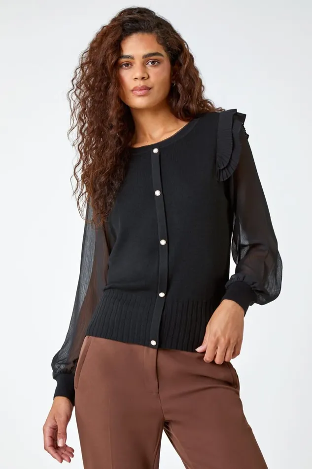 Black Chiffon Sleeve Frill Detail Jumper Women Roman Occasionwear