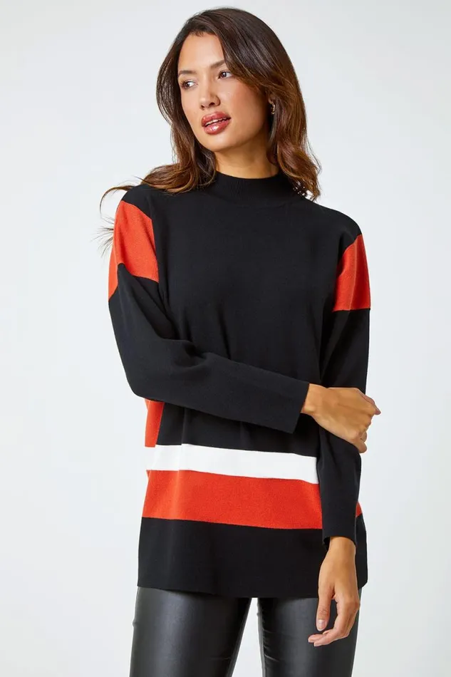 Black Colour Block Stripe Knit Jumper Women Roman Knitwear