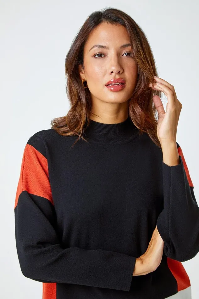 Black Colour Block Stripe Knit Jumper Women Roman Knitwear