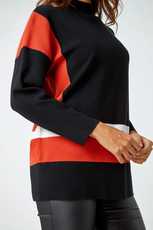Black Colour Block Stripe Knit Jumper Women Roman Knitwear