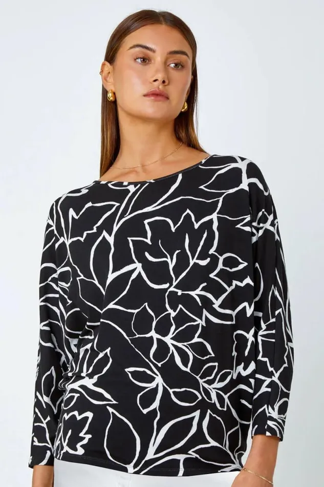 Black Contrast Floral Linear Print Stretch Top Women Roman Tops