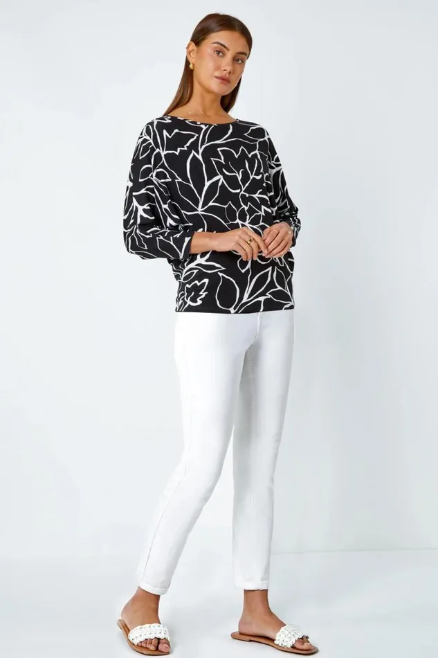 Black Contrast Floral Linear Print Stretch Top Women Roman Tops