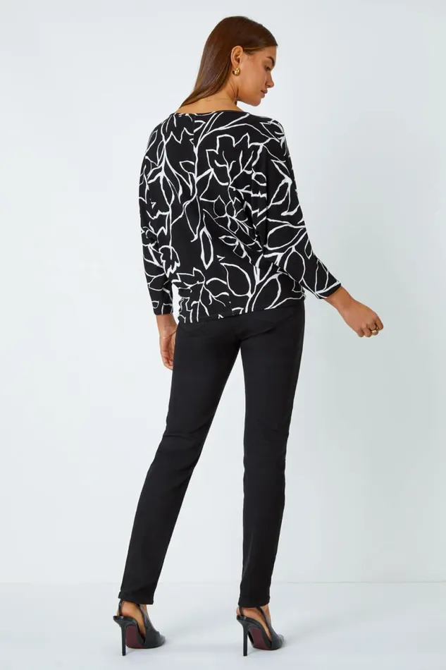 Black Contrast Floral Linear Print Stretch Top Women Roman Tops