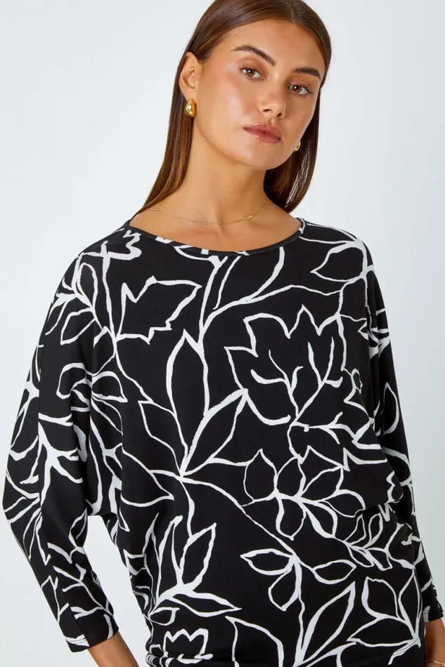 Black Contrast Floral Linear Print Stretch Top Women Roman Tops