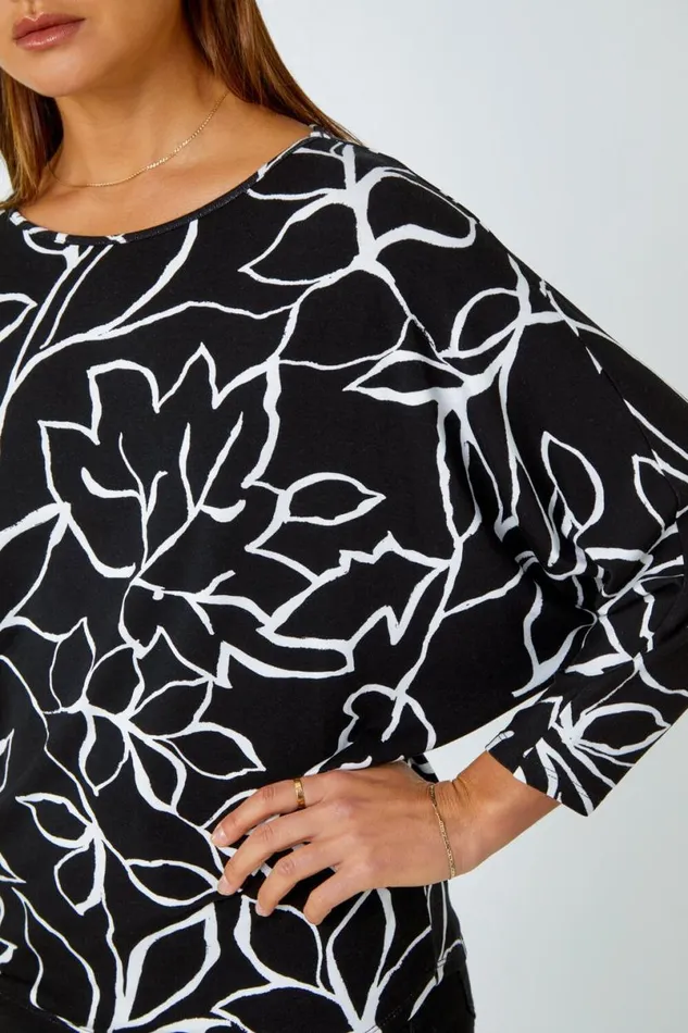 Black Contrast Floral Linear Print Stretch Top Women Roman Tops