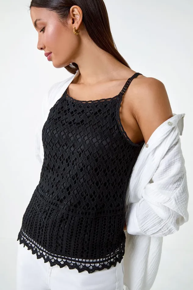 Black Cotton Crochet Halter Neck Vest Top Women Roman Tops