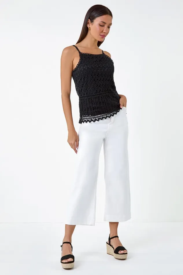 Black Cotton Crochet Halter Neck Vest Top Women Roman Tops