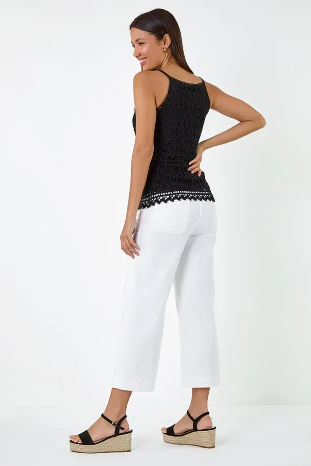 Black Cotton Crochet Halter Neck Vest Top Women Roman Tops