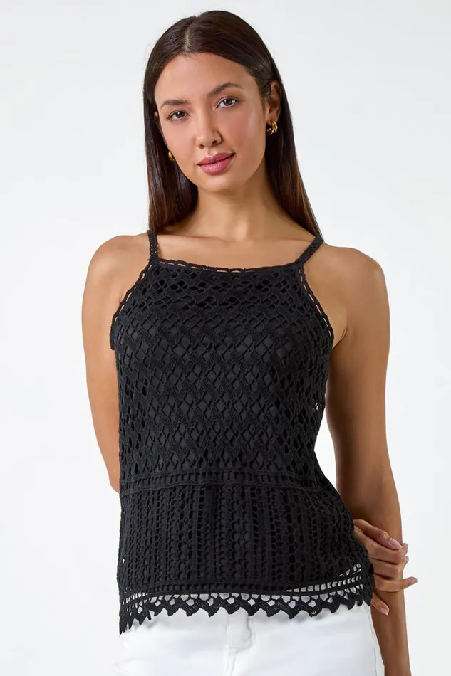 Black Cotton Crochet Halter Neck Vest Top Women Roman Tops