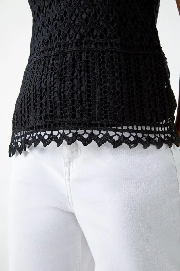 Black Cotton Crochet Halter Neck Vest Top Women Roman Tops