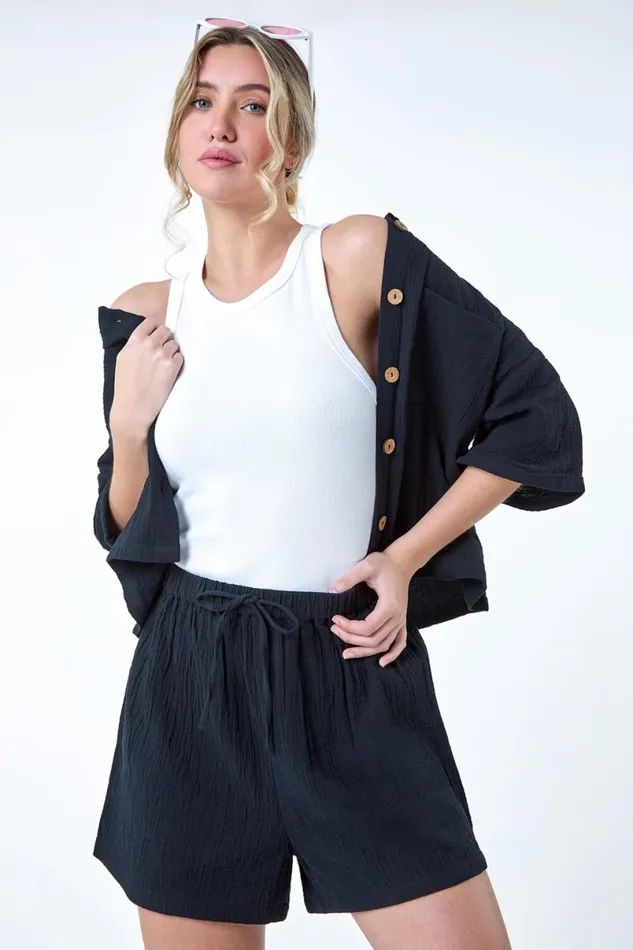 Black Cotton Elastic Waist Tie Detail Shorts Women Roman Shorts