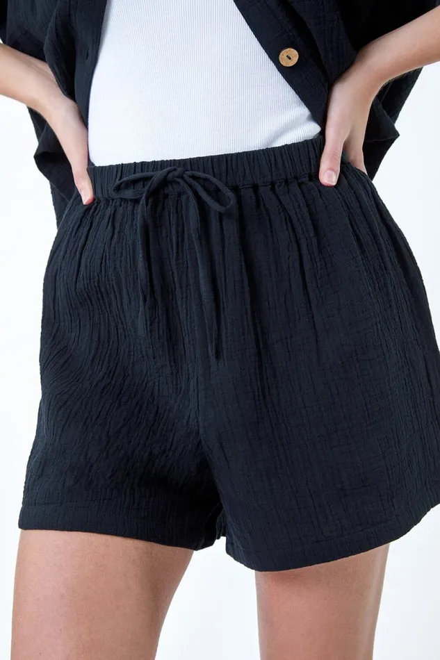Black Cotton Elastic Waist Tie Detail Shorts Women Roman Shorts