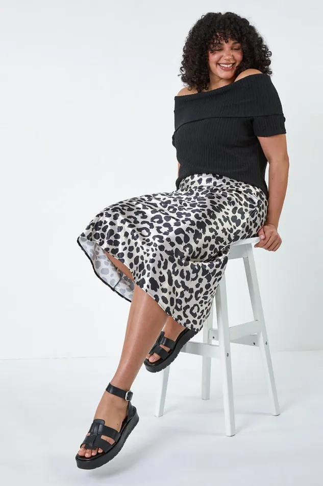 Black Curve Animal Print Satin Elastic Waist Skirt Women Roman Skirts