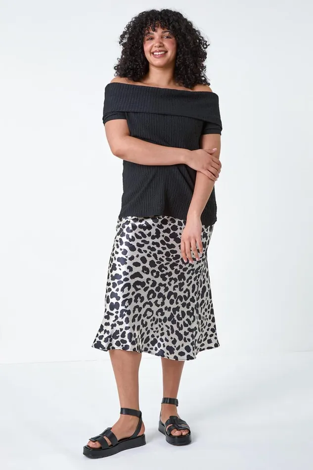Black Curve Animal Print Satin Elastic Waist Skirt Women Roman Skirts