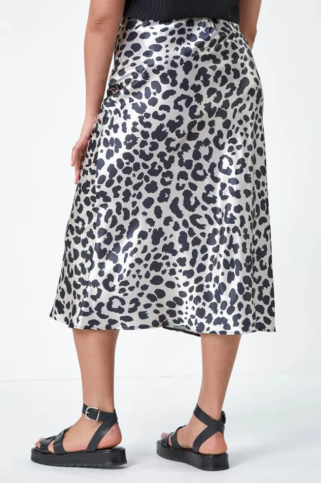 Black Curve Animal Print Satin Elastic Waist Skirt Women Roman Skirts