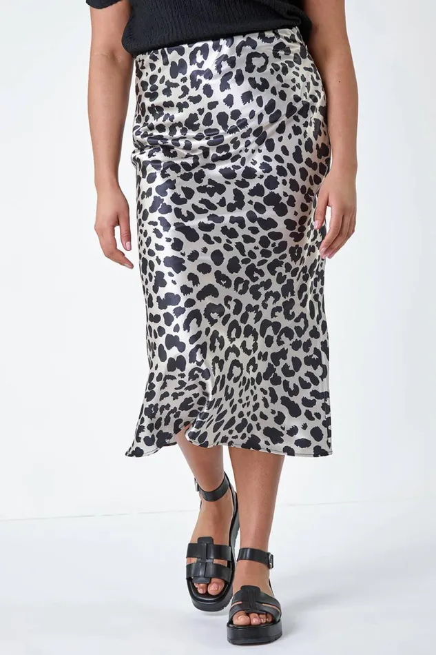 Black Curve Animal Print Satin Elastic Waist Skirt Women Roman Skirts