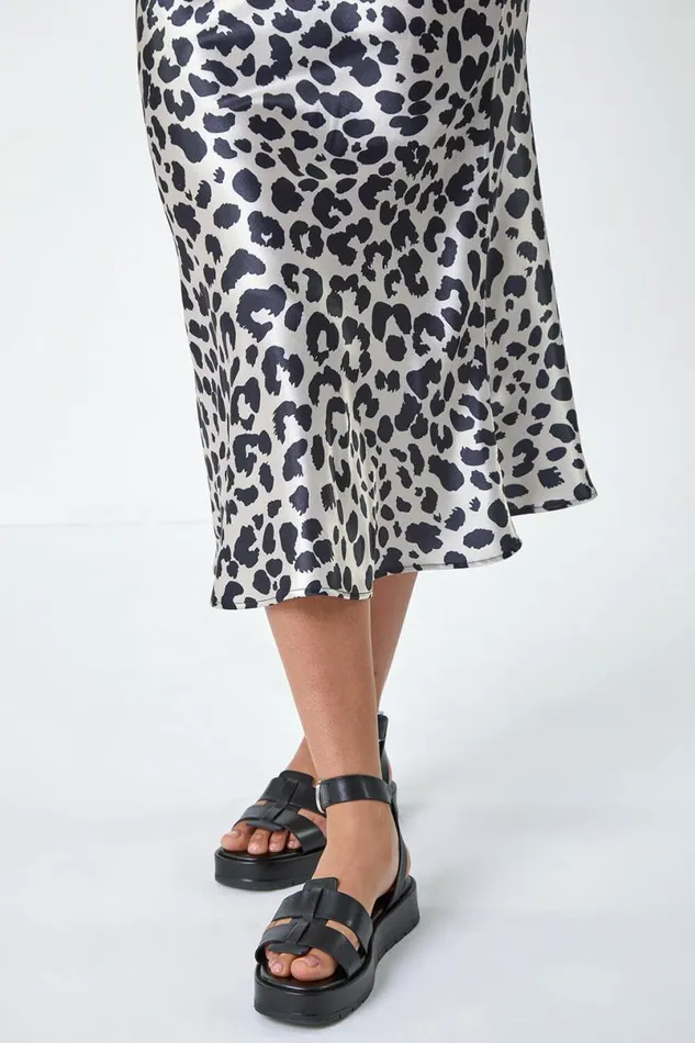 Black Curve Animal Print Satin Elastic Waist Skirt Women Roman Skirts