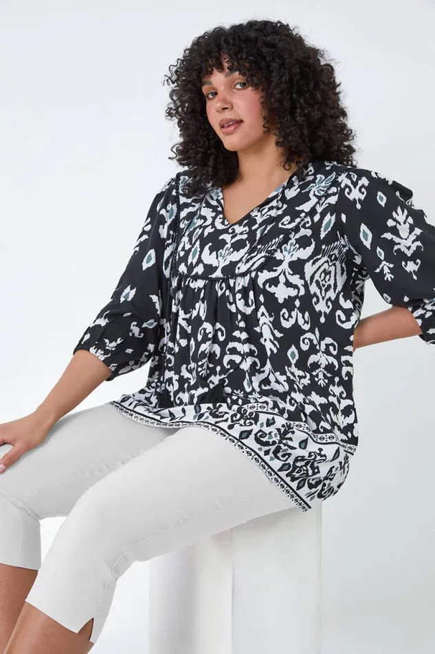 Black Curve Boho Print Tie Neck Top Women Roman Tops