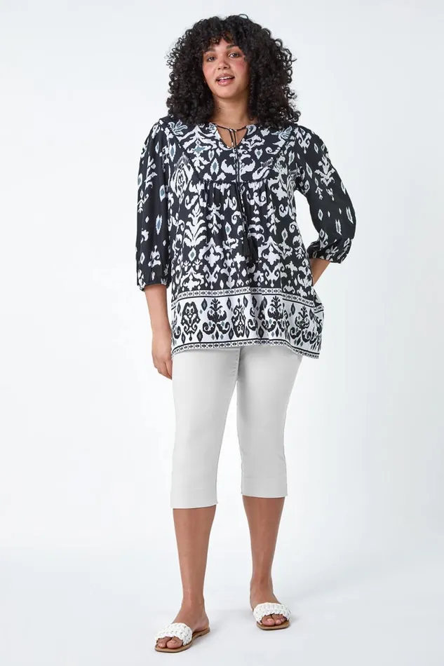 Black Curve Boho Print Tie Neck Top Women Roman Tops