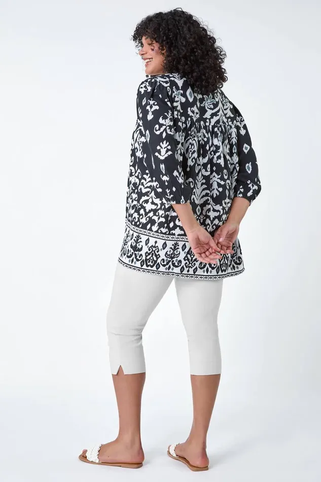 Black Curve Boho Print Tie Neck Top Women Roman Tops