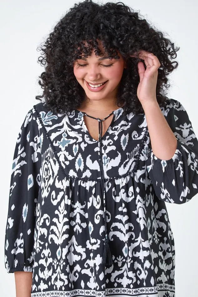 Black Curve Boho Print Tie Neck Top Women Roman Tops