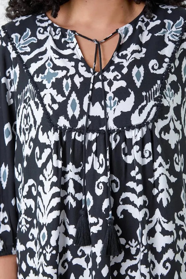 Black Curve Boho Print Tie Neck Top Women Roman Tops