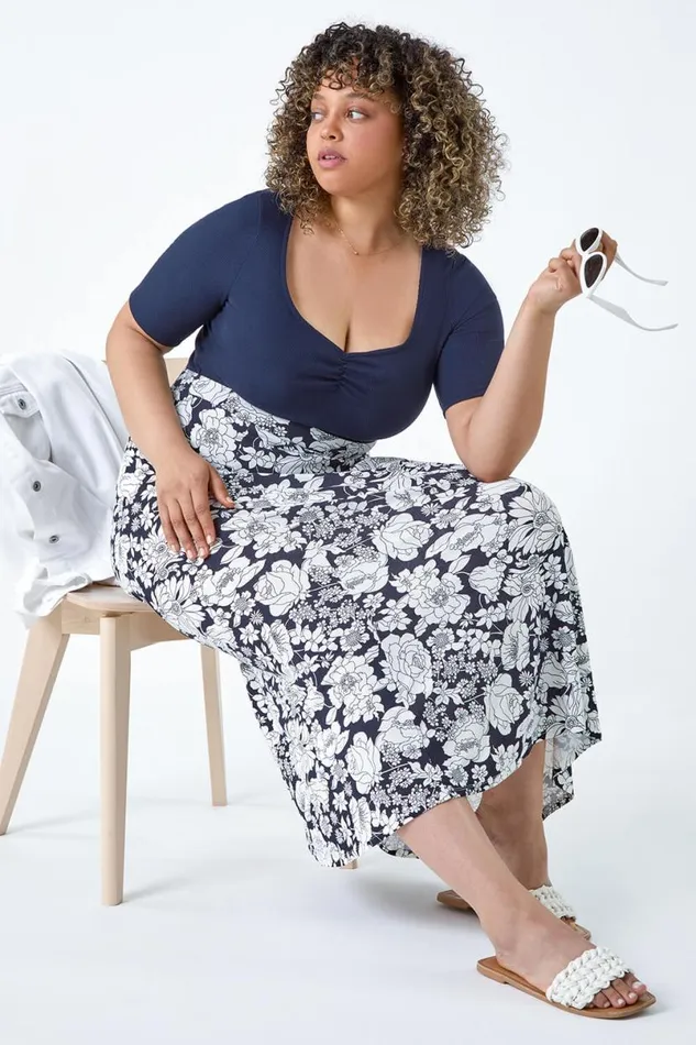 Black Curve Elastic Waist Floral A Line Maxi Skirt Women Roman Skirts