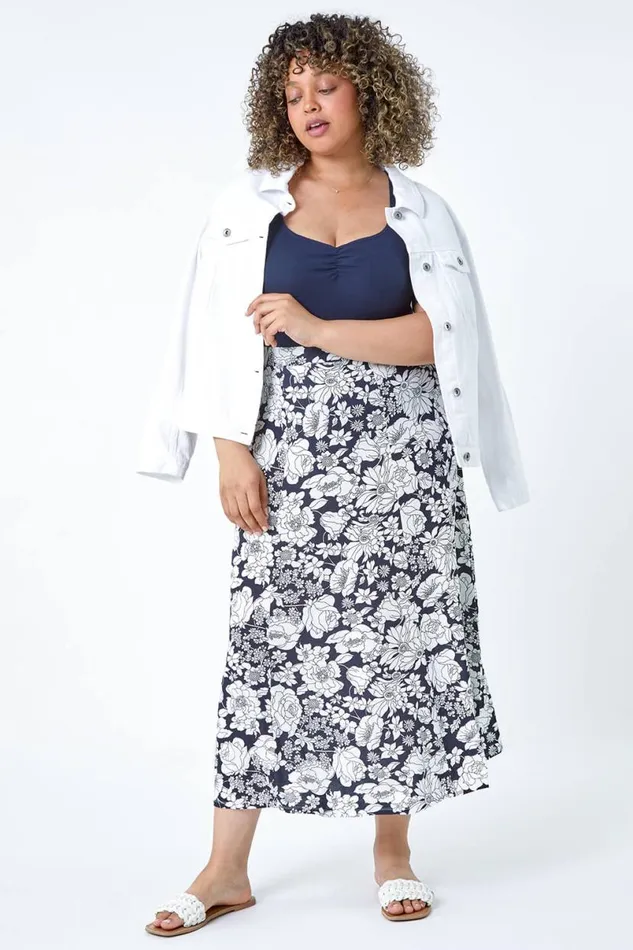 Black Curve Elastic Waist Floral A Line Maxi Skirt Women Roman Skirts
