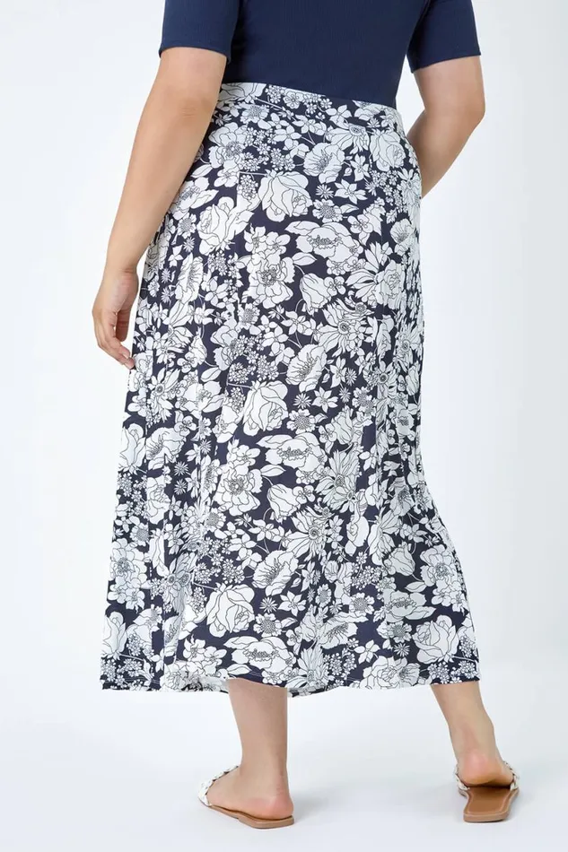 Black Curve Elastic Waist Floral A Line Maxi Skirt Women Roman Skirts