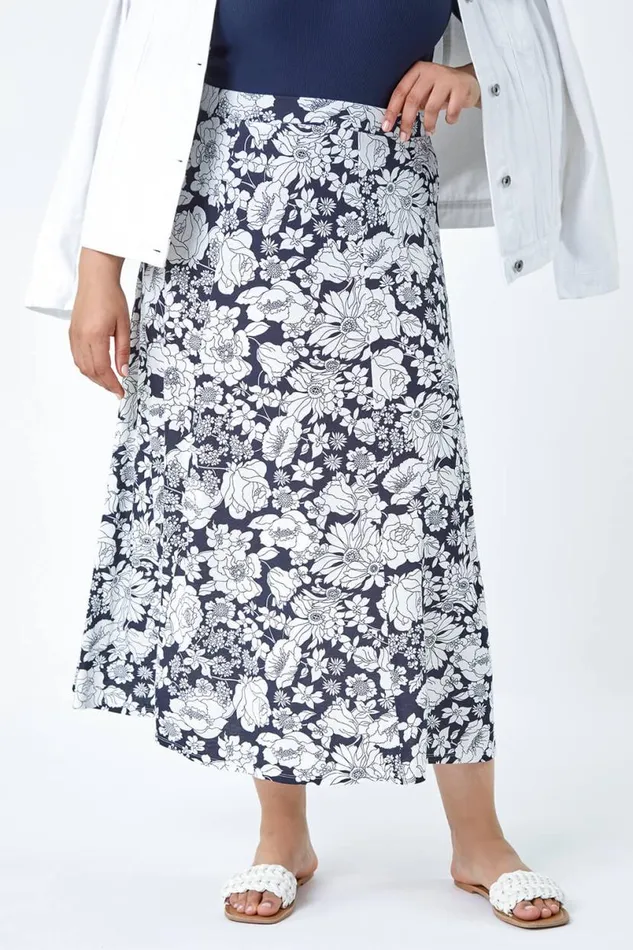 Black Curve Elastic Waist Floral A Line Maxi Skirt Women Roman Skirts