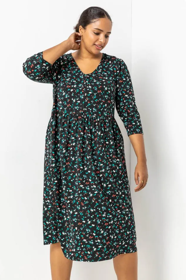 Black Curve Floral Midi Dress Women Roman Dresses