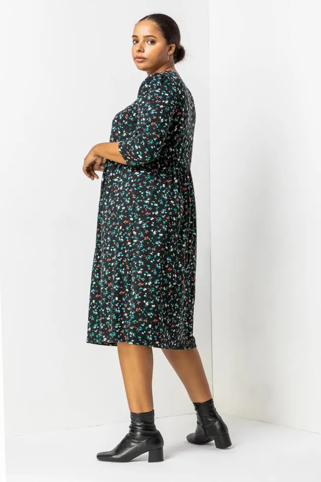 Black Curve Floral Midi Dress Women Roman Dresses
