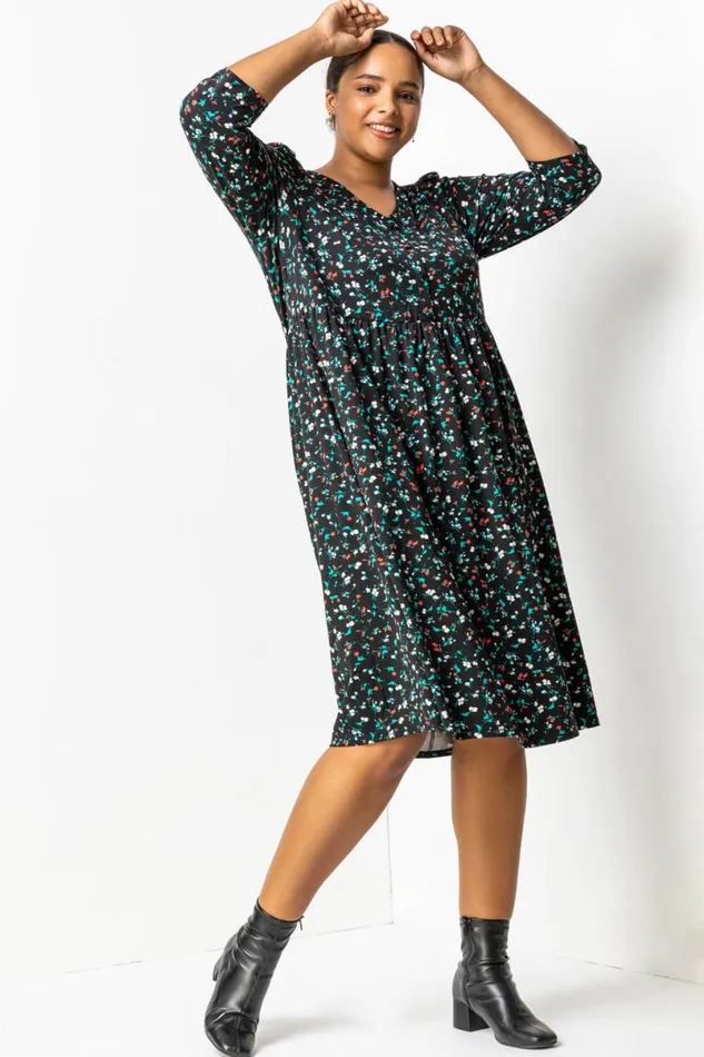 Black Curve Floral Midi Dress Women Roman Dresses
